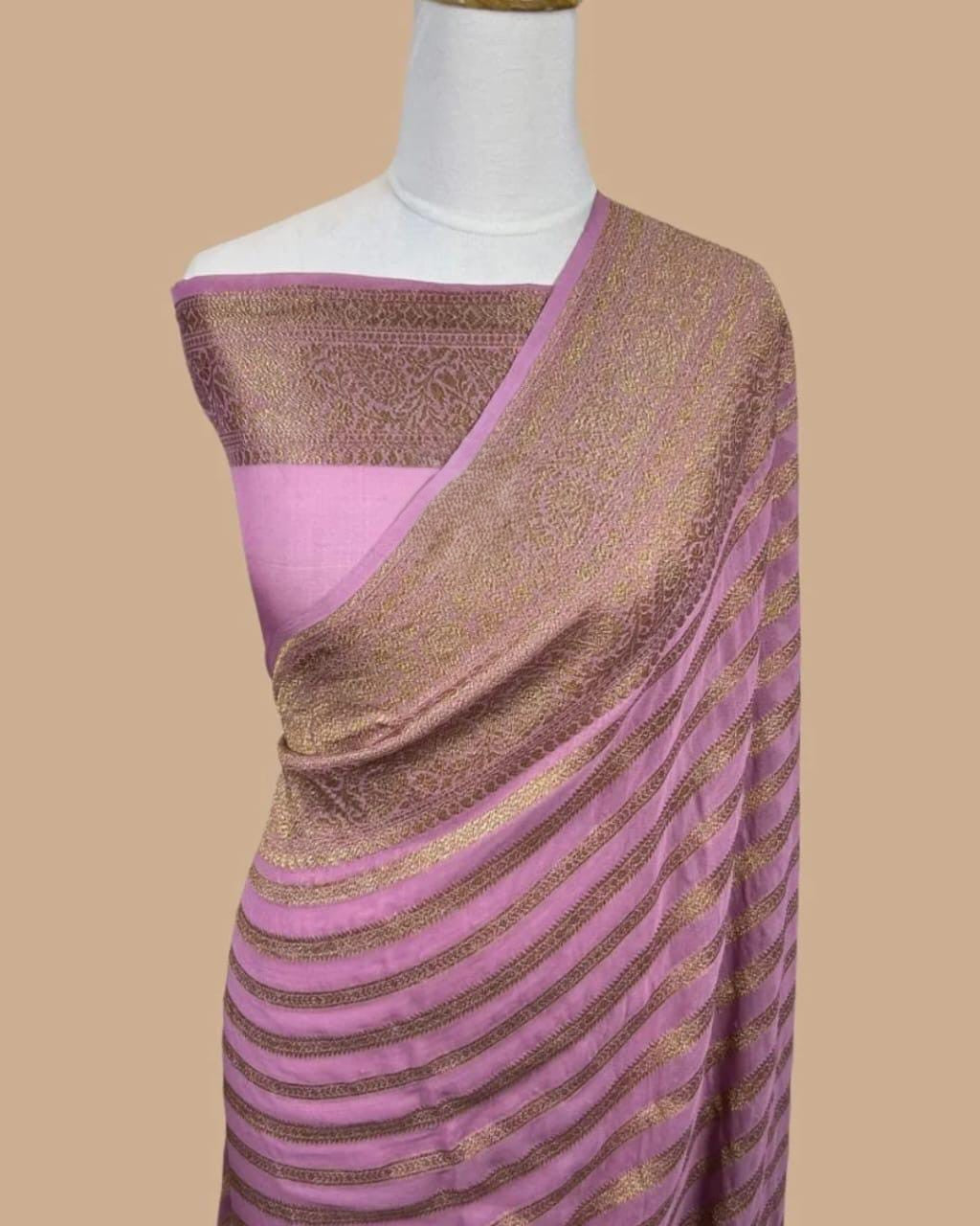 Elegant dyeable Banarasi handloom georgette silk saree featuring delicate antique zari weaving customized in your choice of color.