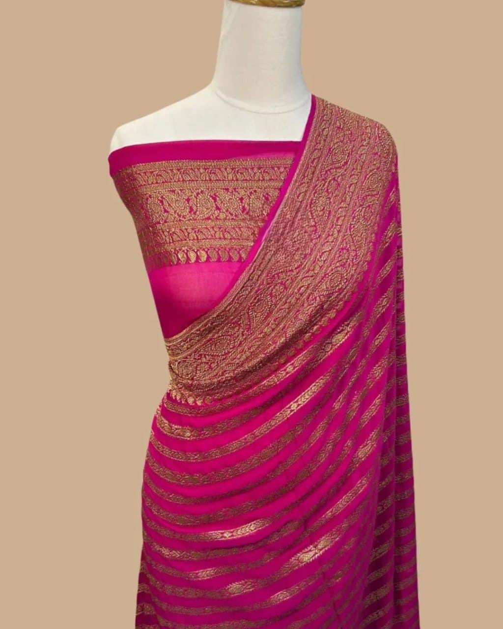 Elegant dyeable Banarasi handloom georgette silk saree featuring delicate antique zari weaving customized in your choice of color.