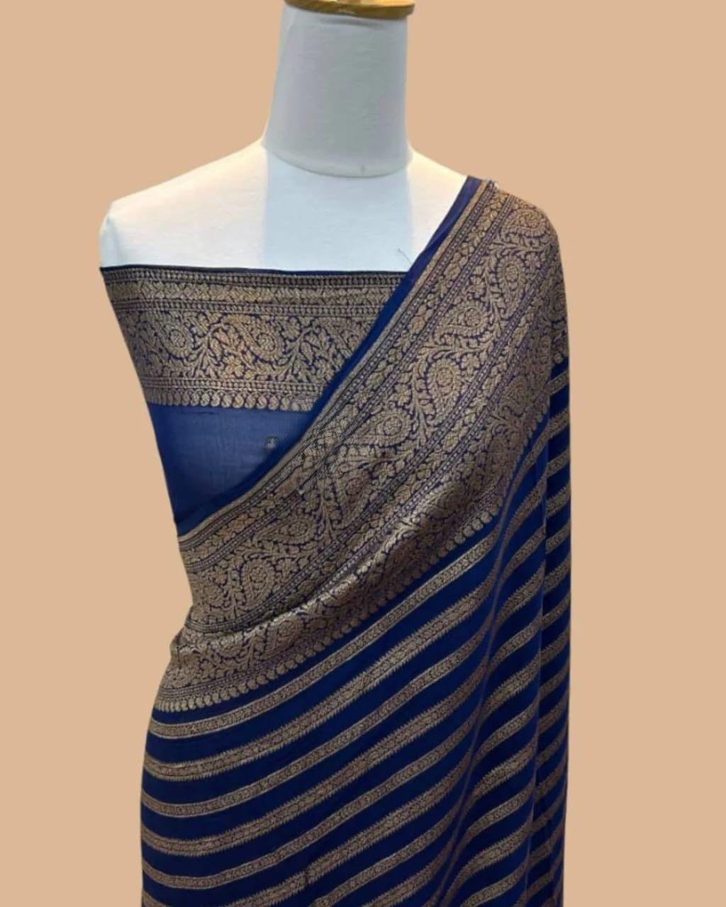 Elegant dyeable Banarasi handloom georgette silk saree featuring delicate antique zari weaving customized in your choice of color.
