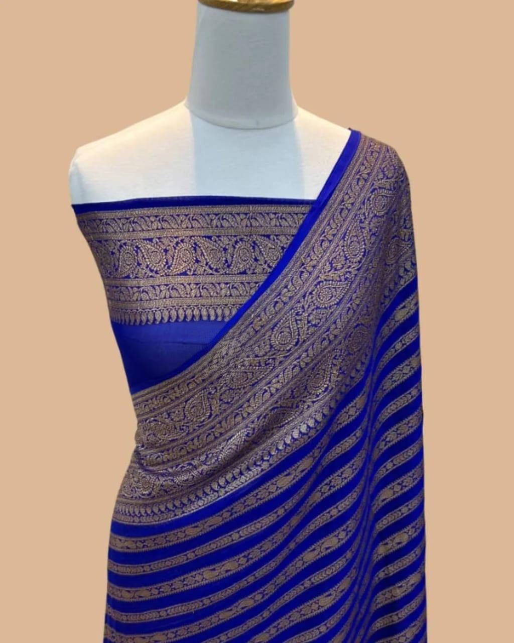 Elegant dyeable Banarasi handloom georgette silk saree featuring delicate antique zari weaving customized in your choice of color.