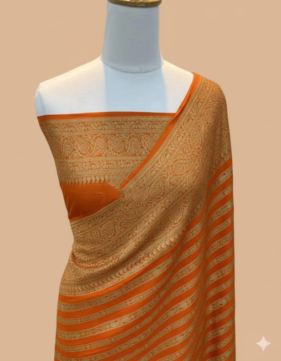 Elegant dyeable Banarasi handloom georgette silk saree featuring delicate antique zari weaving customized in your choice of color.