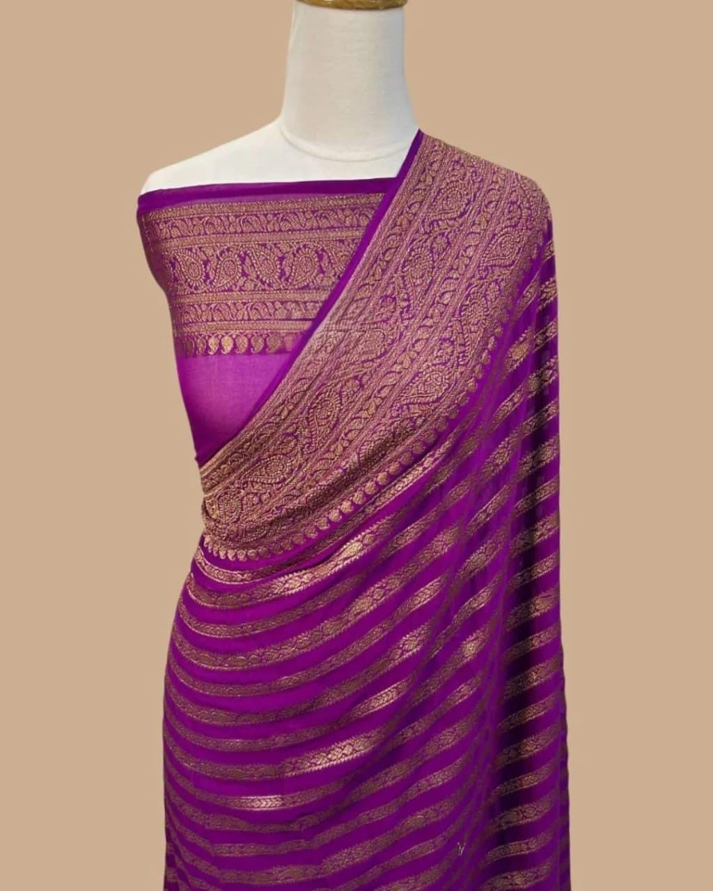 Elegant dyeable Banarasi handloom georgette silk saree featuring delicate antique zari weaving customized in your choice of color.
