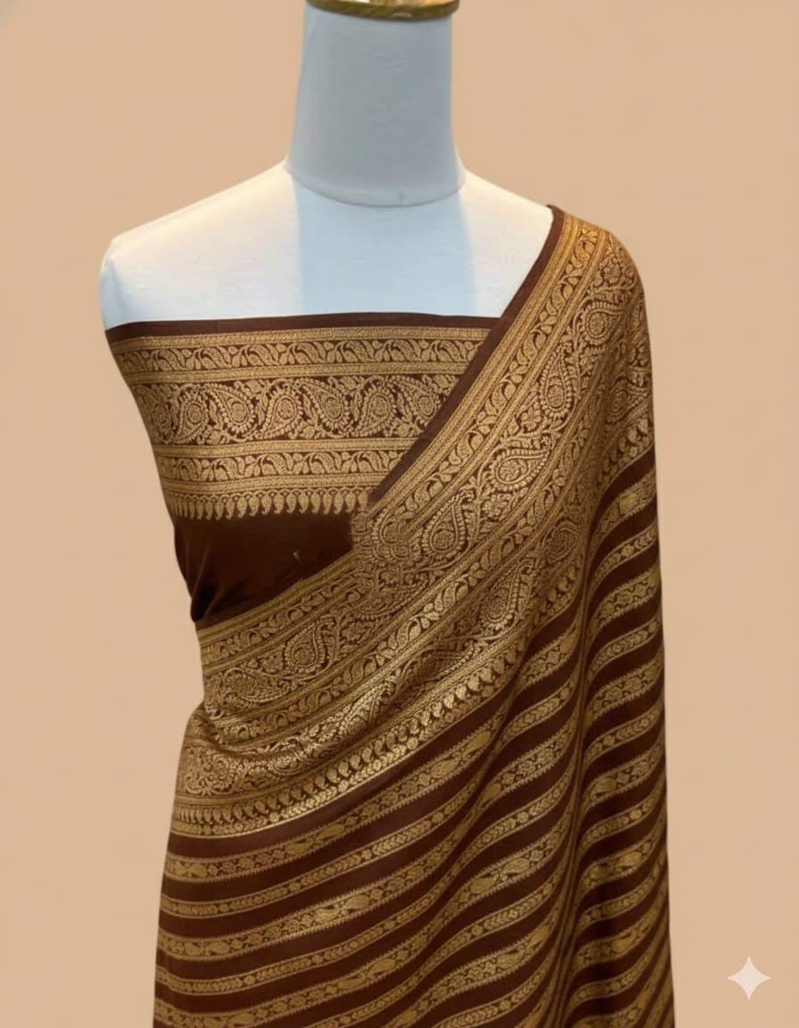 Elegant dyeable Banarasi handloom georgette silk saree featuring delicate antique zari weaving customized in your choice of color.
