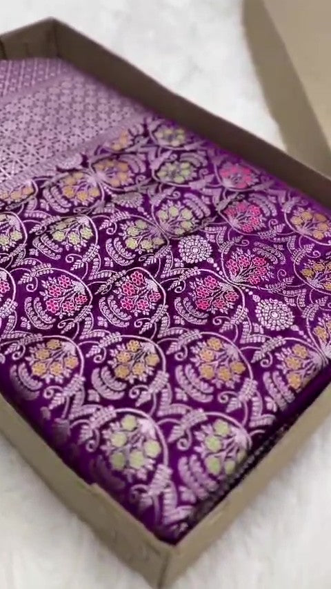 Purple Banarasi mashru soft silk saree featuring intricate golden zari floral jangla weaving, vertical pinstripes, meenakari highlights, and a ornate zari border.