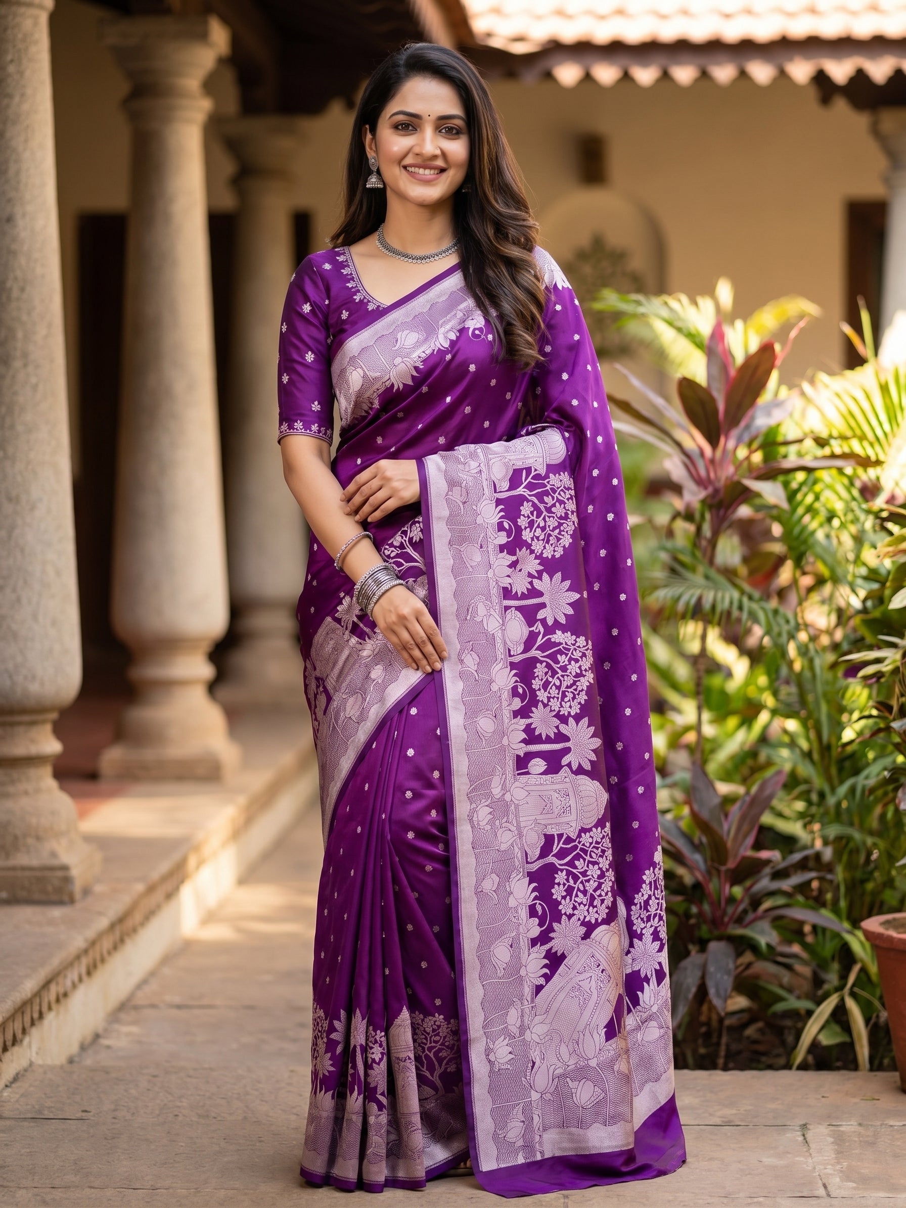 Elegant purple Banarasi Mashru soft silk saree detailed with shimmering silver zari woven borders and pallu.