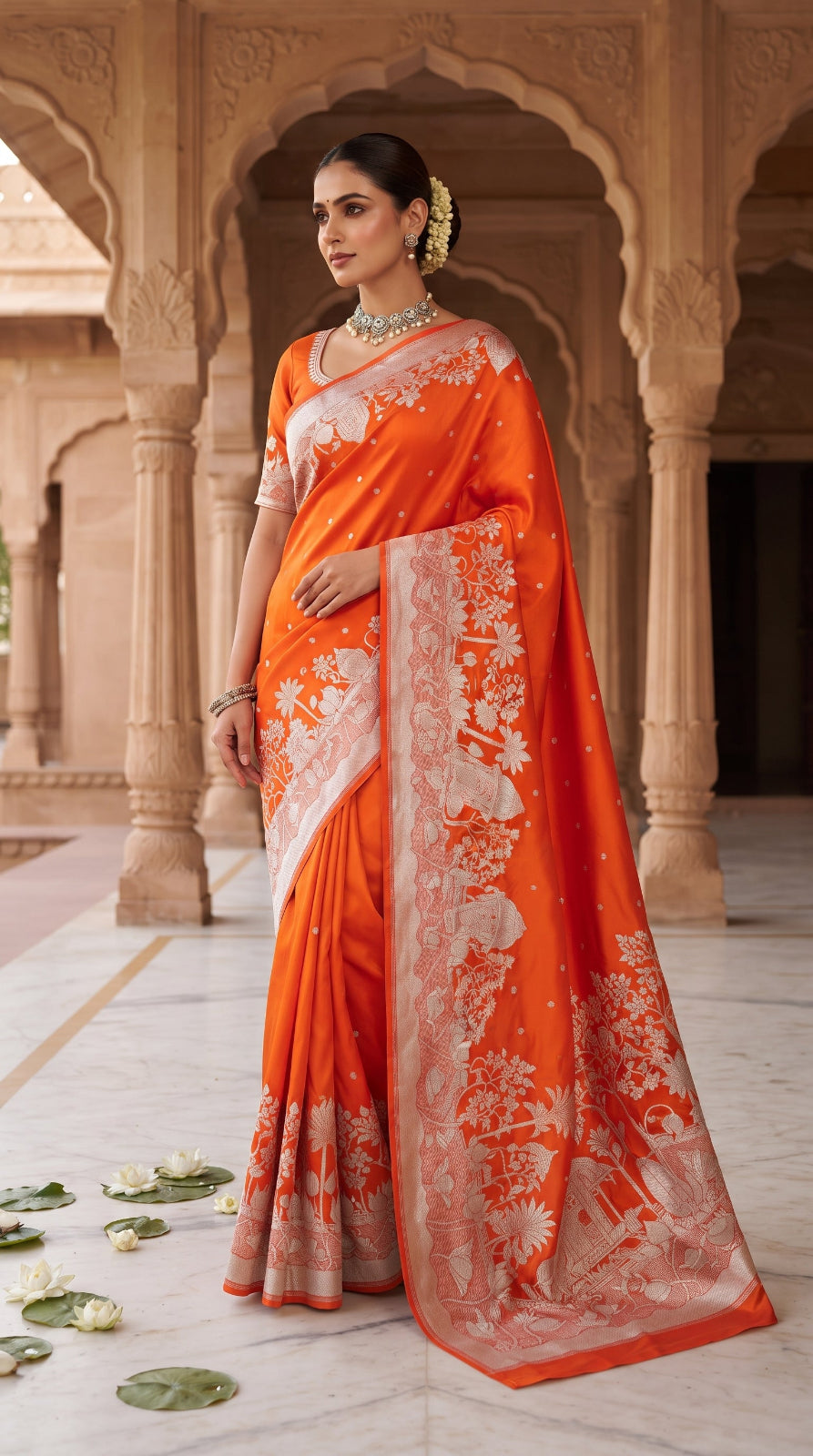 A woman in a traditional setting wears a vibrant orange Banarasi Mashru soft silk saree richly patterned with intricate silver zari work, including floral motifs and a detailed border.