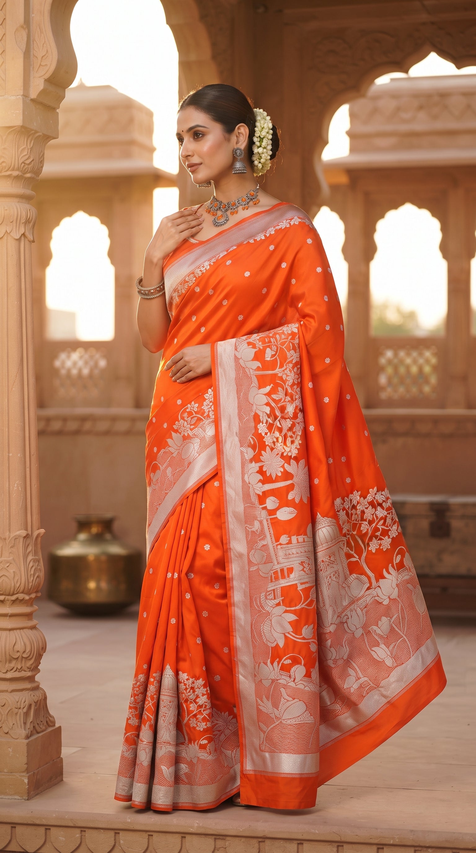 A woman in a traditional setting wears a vibrant orange Banarasi Mashru soft silk saree richly patterned with intricate silver zari work, including floral motifs and a detailed border.
