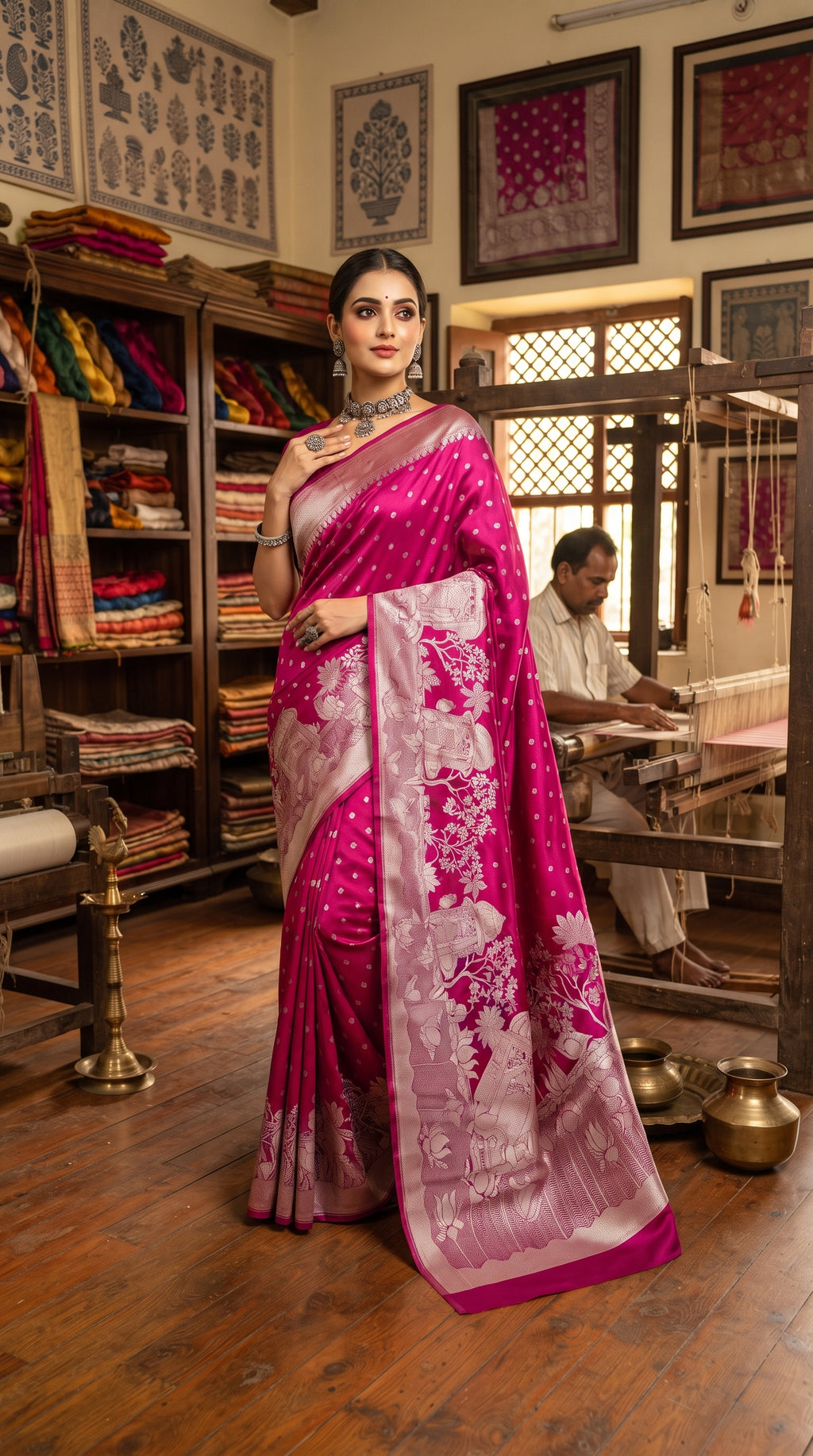A woman in a traditional setting wears a vibrant rani pink Banarasi Mashru soft silk saree richly patterned with intricate silver zari work, including floral motifs and a detailed border.