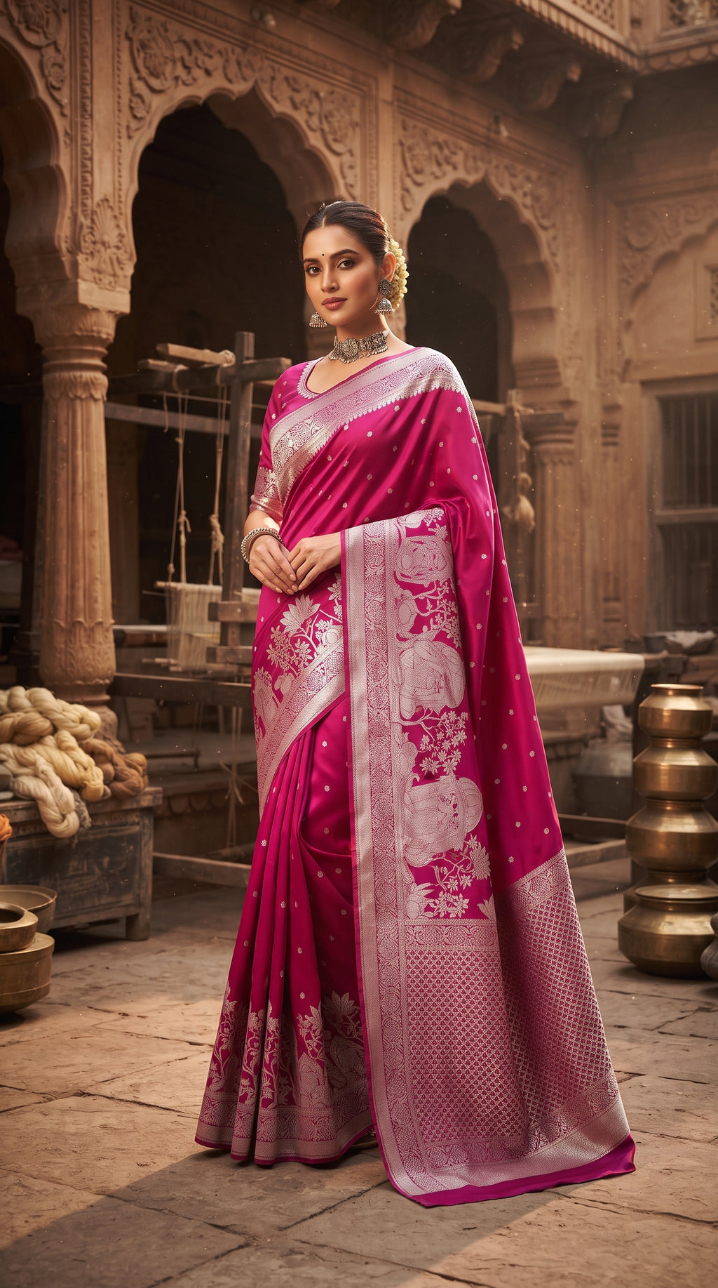 A woman in a traditional setting wears a vibrant rani pink Banarasi Mashru soft silk saree richly patterned with intricate silver zari work, including floral motifs and a detailed border.