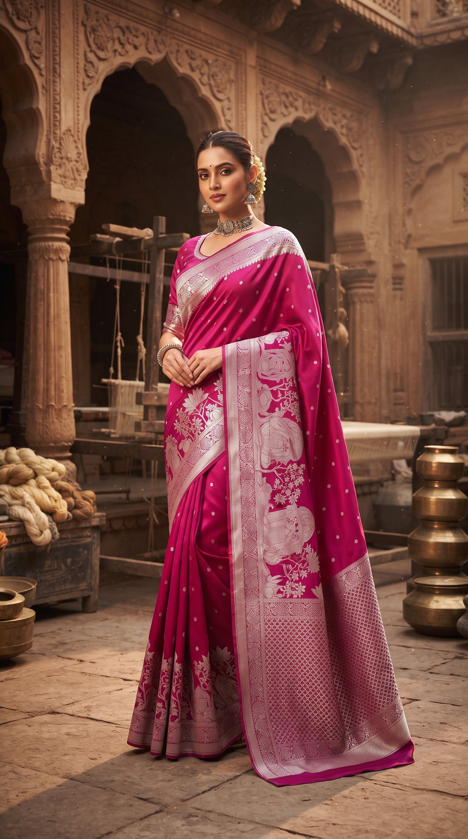 A woman in a traditional setting wears a vibrant rani pink Banarasi Mashru soft silk saree richly patterned with intricate silver zari work, including floral motifs and a detailed border.