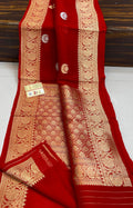 Banarasi Handloom Kora Organza Silk Saree in deep green with intricate zari Kaduwa floral motifs and a rich contrast red brocade border with Silk Mark tag