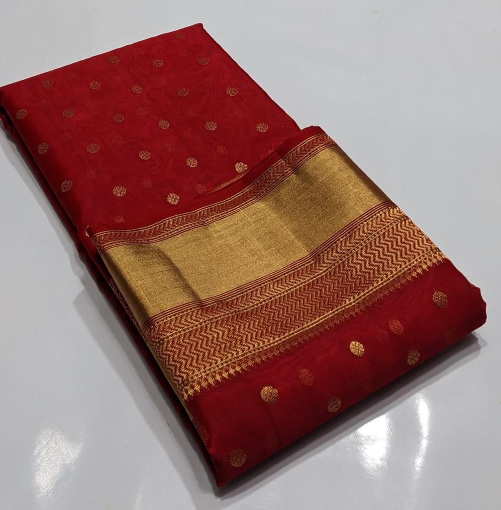 Red Chanderi Handloom Katan Silk Handwork Borders Saree featuring intricate gold zari and rich traditional borders