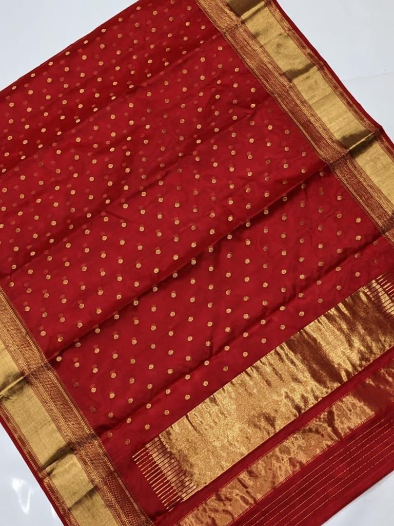 Red Chanderi Handloom Katan Silk Handwork Borders Saree featuring intricate gold zari and rich traditional borders