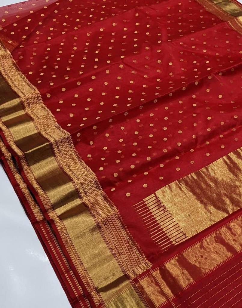 Red Chanderi Handloom Katan Silk Handwork Borders Saree featuring intricate gold zari and rich traditional borders