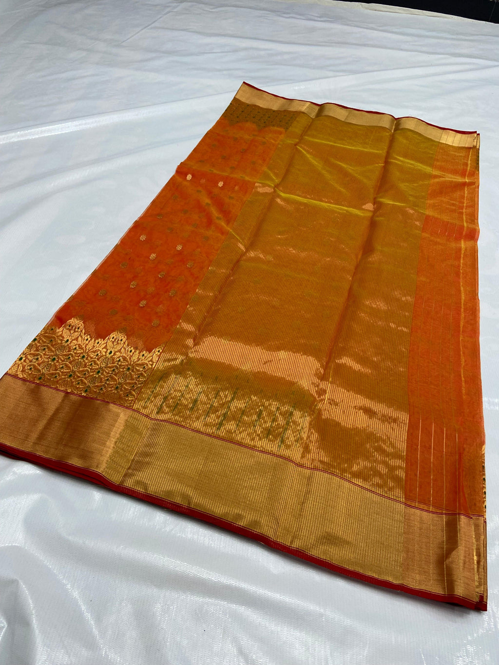 Chanderi Handloom Katan Silk Handwork Meenakari Saree featuring intricate gold zari and rich traditional borders
