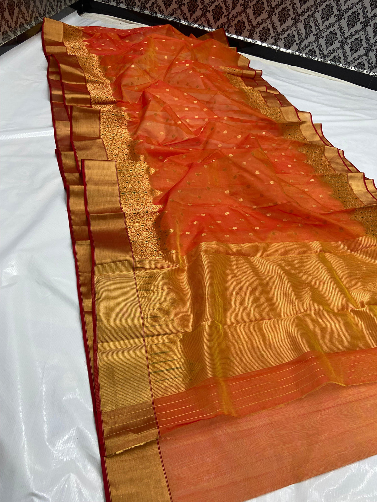 Chanderi Handloom Katan Silk Handwork Meenakari Saree featuring intricate gold zari and rich traditional borders