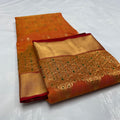 Chanderi Handloom Katan Silk Handwork Meenakari Saree featuring intricate gold zari and rich traditional borders