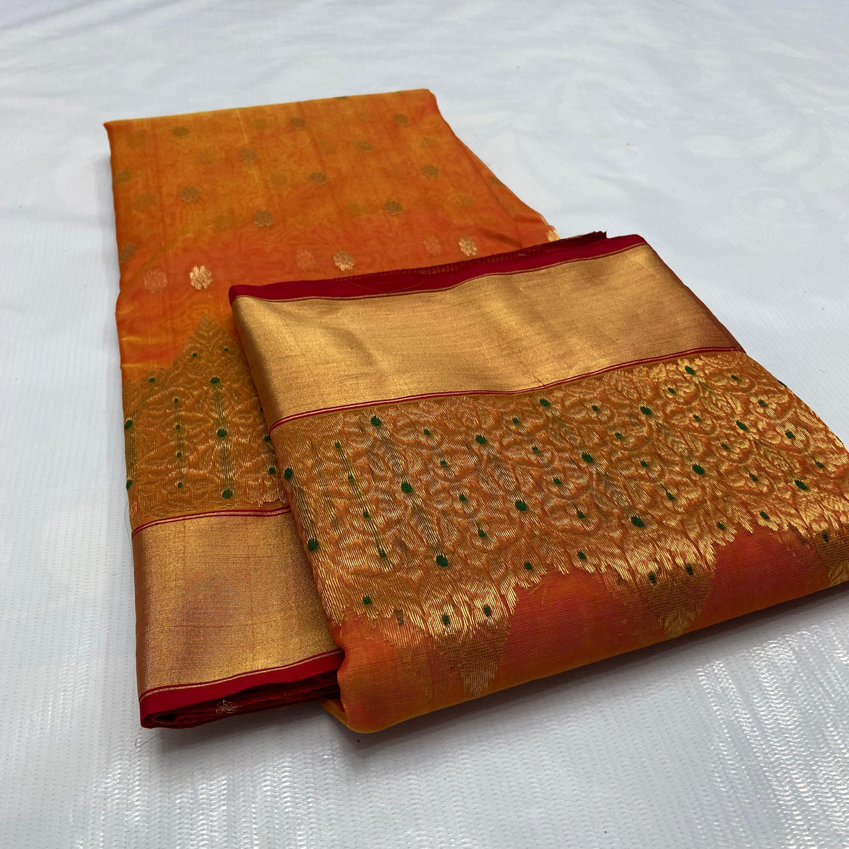 Chanderi Handloom Katan Silk Handwork Meenakari Saree featuring intricate gold zari and rich traditional borders