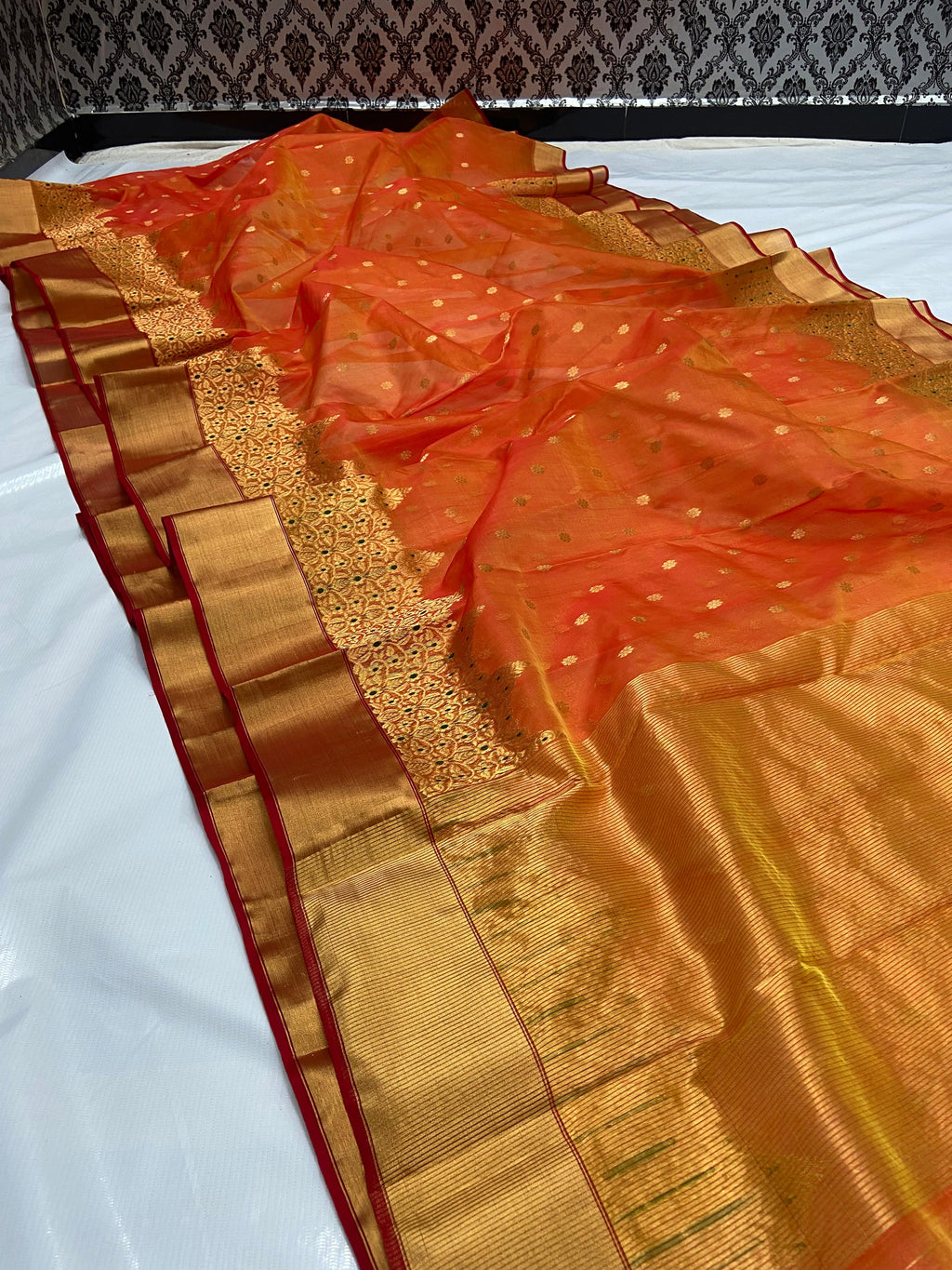 Chanderi Handloom Katan Silk Handwork Meenakari Saree featuring intricate gold zari and rich traditional borders