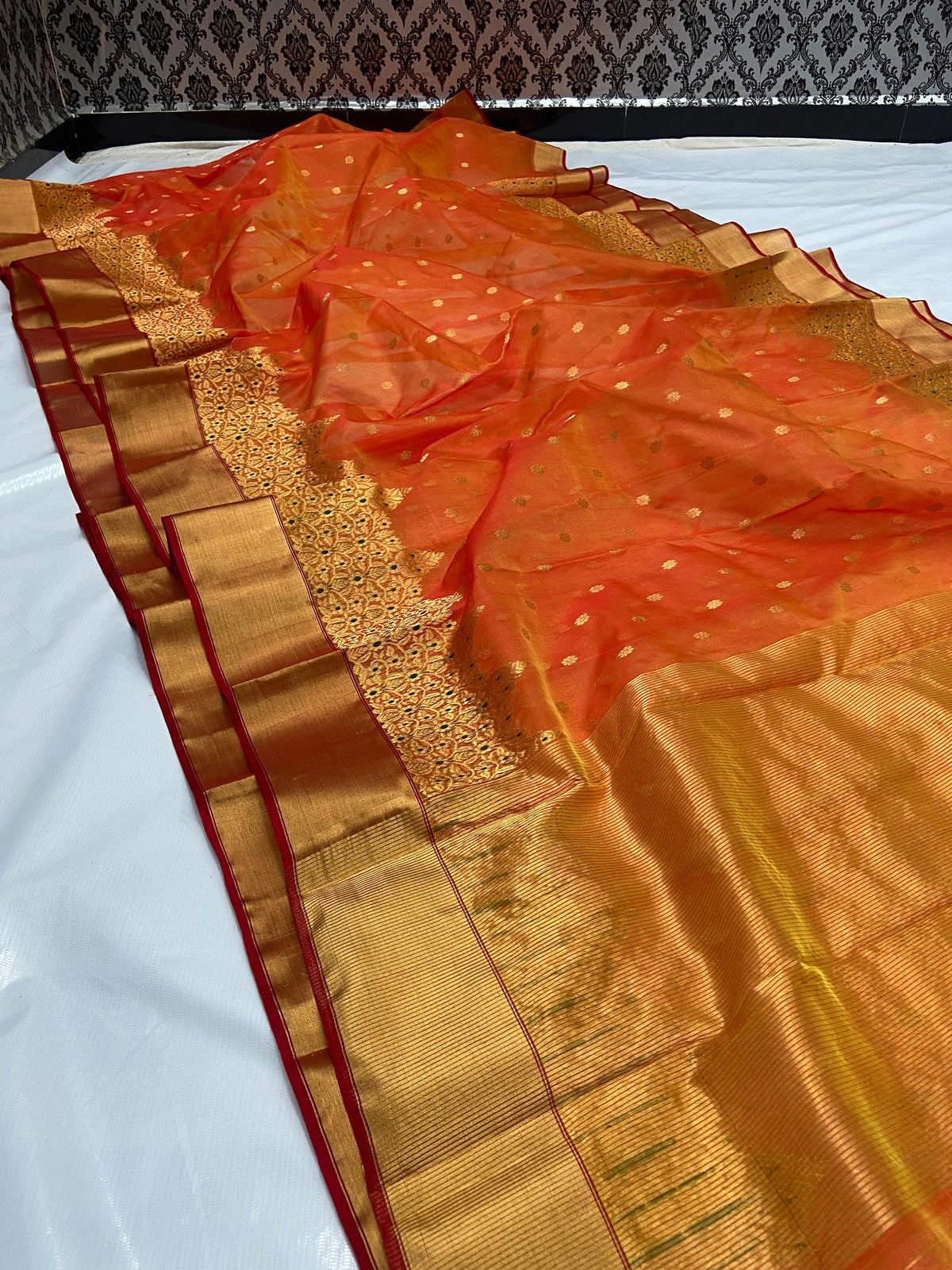 Chanderi Handloom Katan Silk Handwork Meenakari Saree featuring intricate gold zari and rich traditional borders