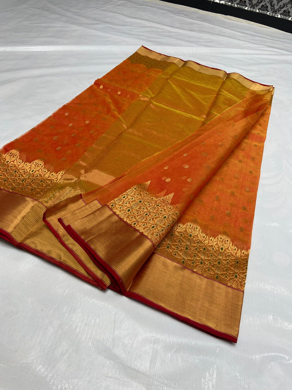 Chanderi Handloom Katan Silk Handwork Meenakari Saree featuring intricate gold zari and rich traditional borders