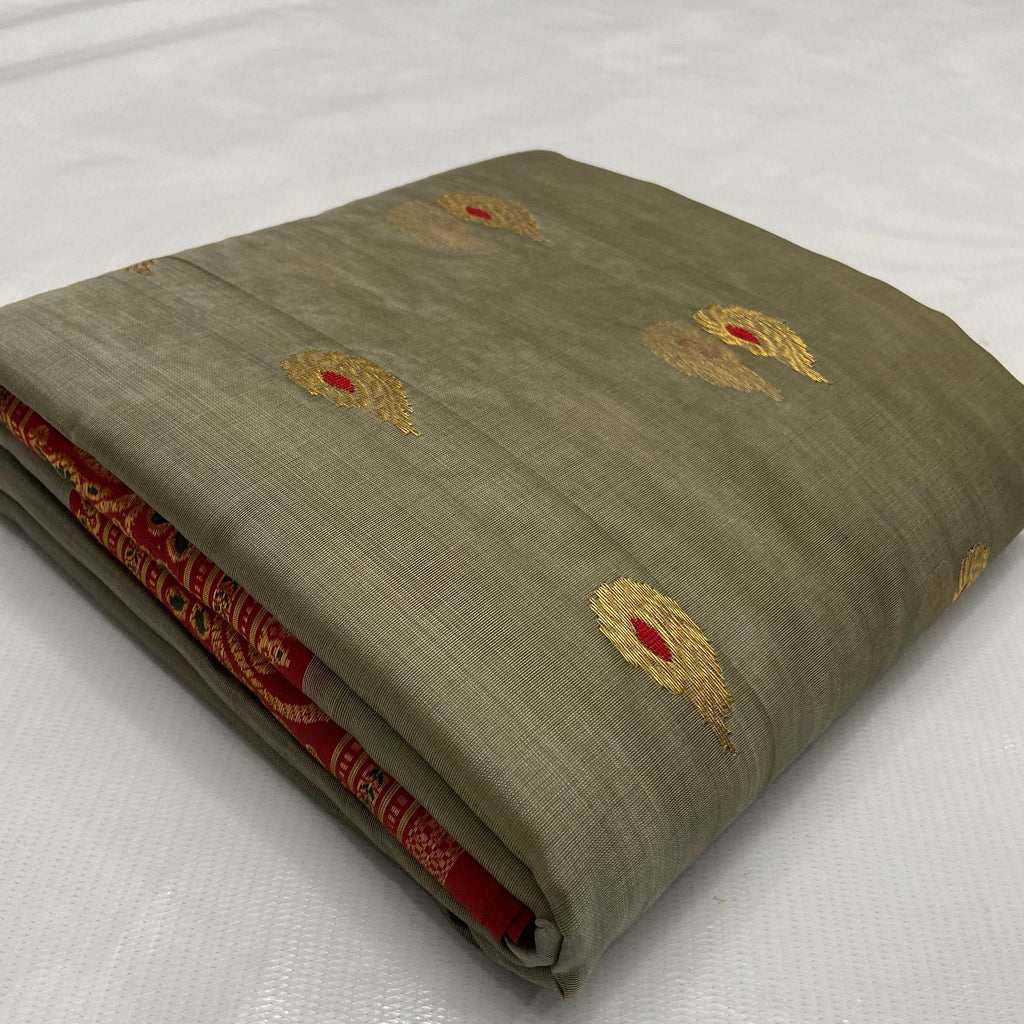 Grey Chanderi Handloom Katan Silk Meenakari Saree featuring gold zari bootis and a rich red border
