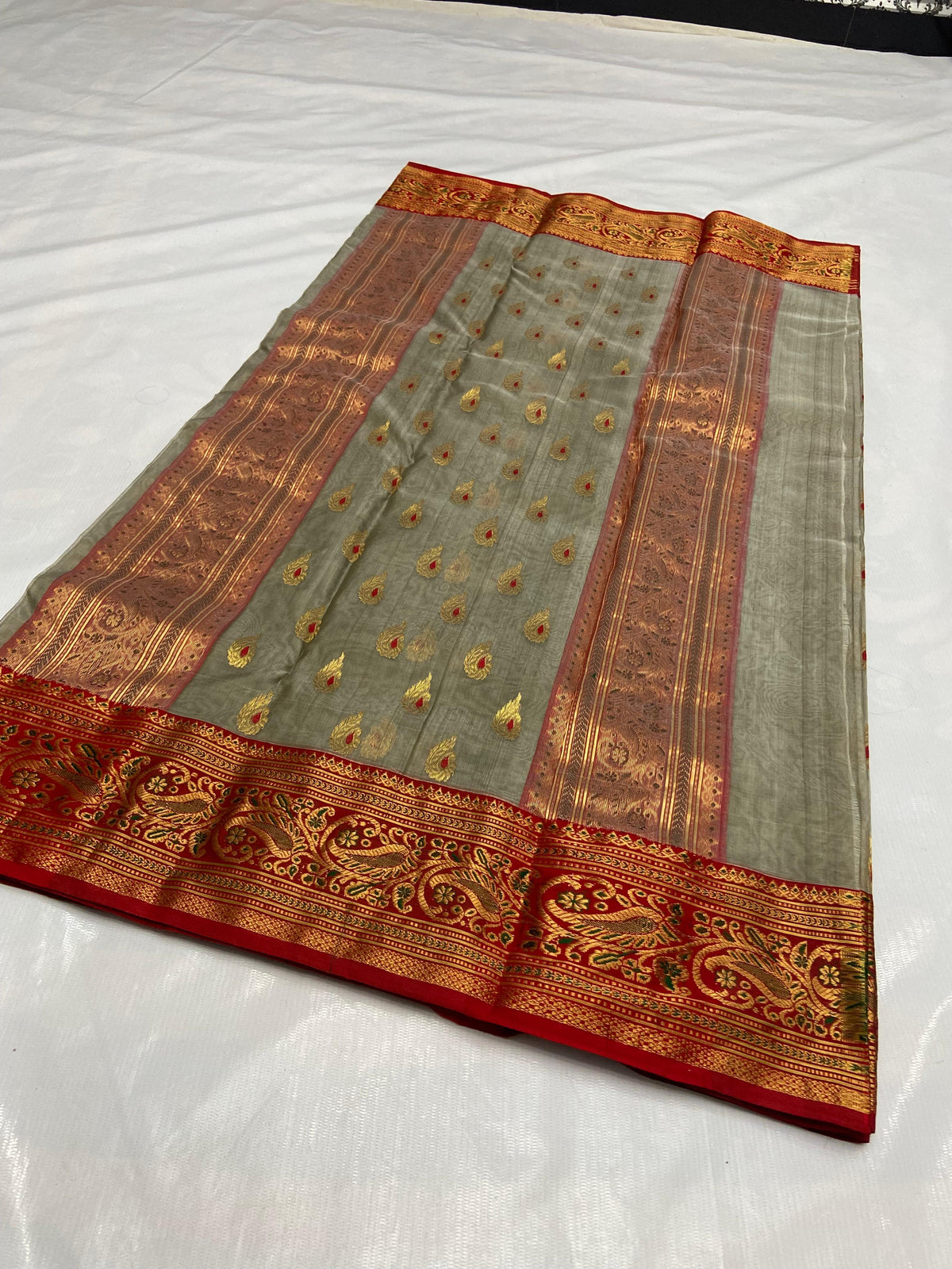 Grey Chanderi Handloom Katan Silk Meenakari Saree featuring gold zari bootis and a rich red border