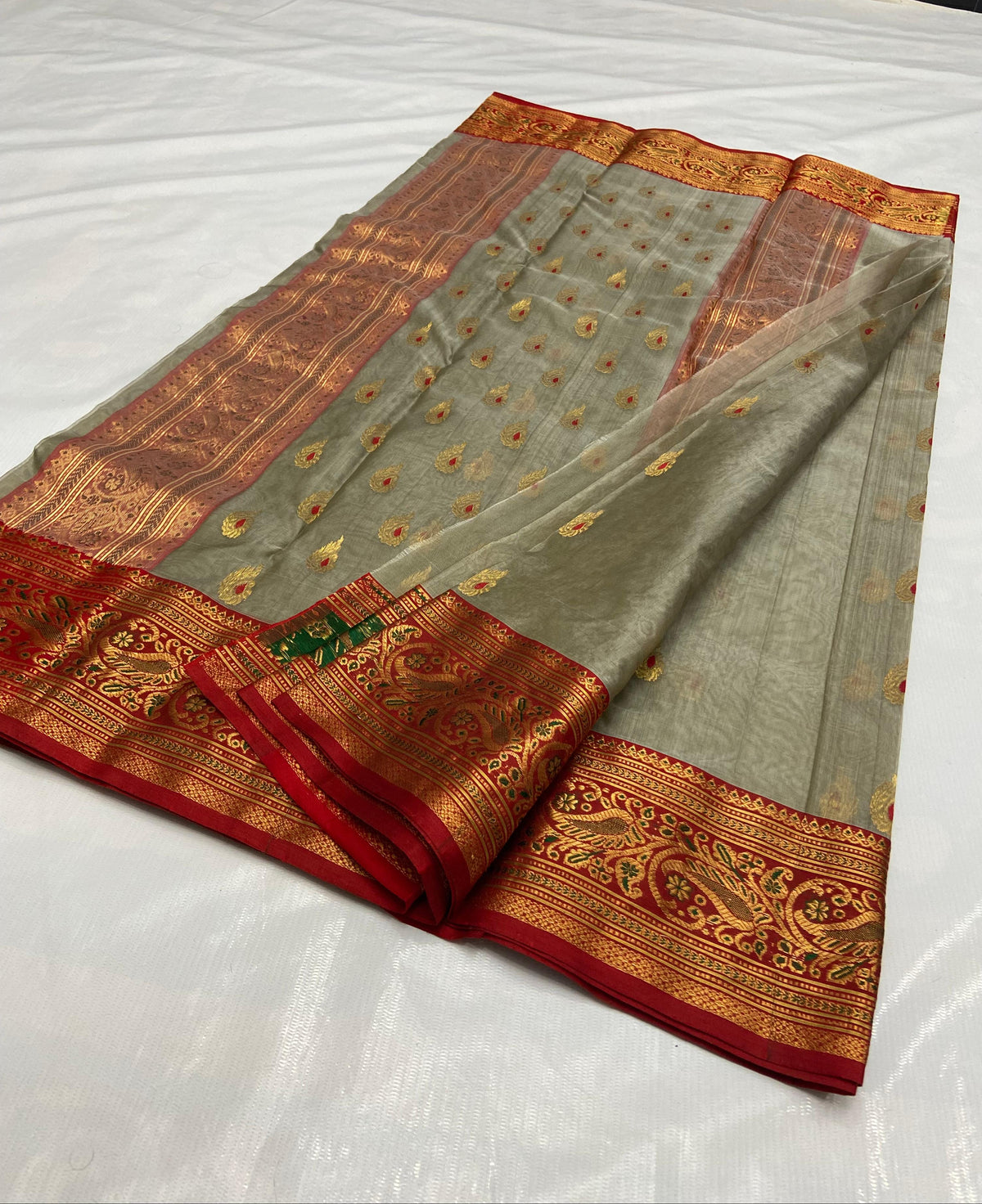 Grey Chanderi Handloom Katan Silk Meenakari Saree featuring gold zari bootis and a rich red border