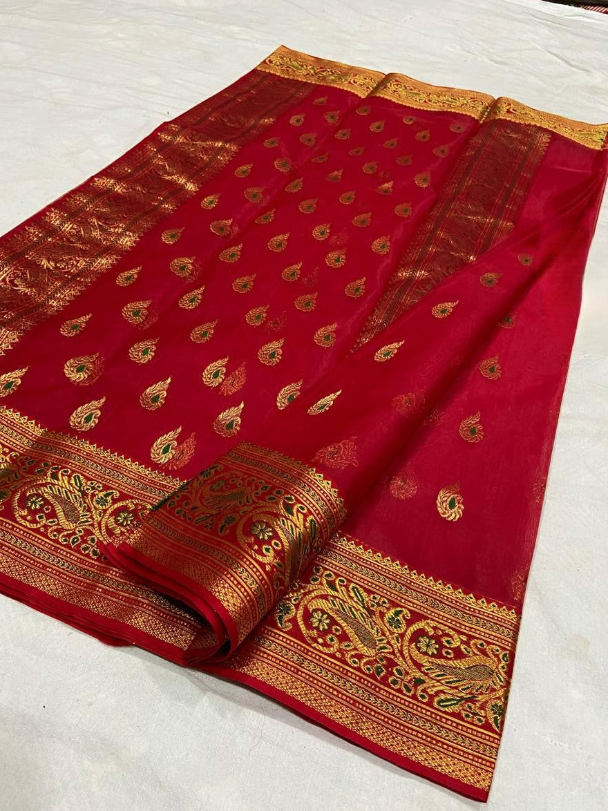 Red Chanderi Handloom Katan Silk Nakshi Meenakari Saree featuring intricate gold zari and rich traditional borders