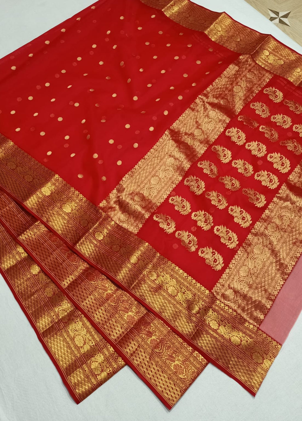 Red Chanderi Handloom Katan Silk Nakshi Saree