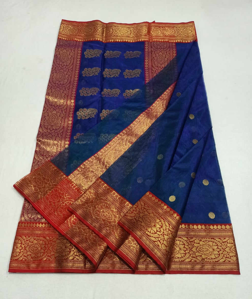 Royal Blue Chanderi Handloom Katan Silk Nakshi Saree