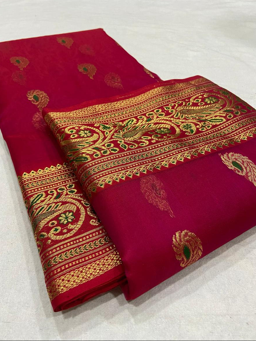 Red Chanderi Handloom Katan Silk Nakshi Meenakari Saree featuring intricate gold zari and rich traditional borders