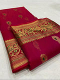 Red Chanderi Handloom Katan Silk Nakshi Meenakari Saree featuring intricate gold zari and rich traditional borders