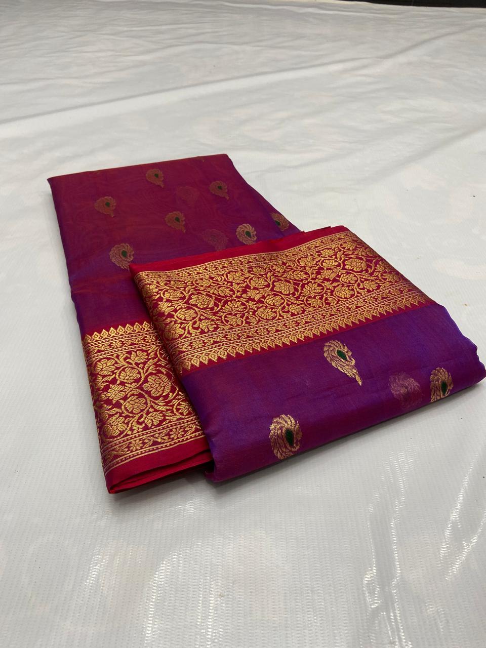 Dual Tone Purple Chanderi Handloom Katan Silk Meenakari Nakshi Saree