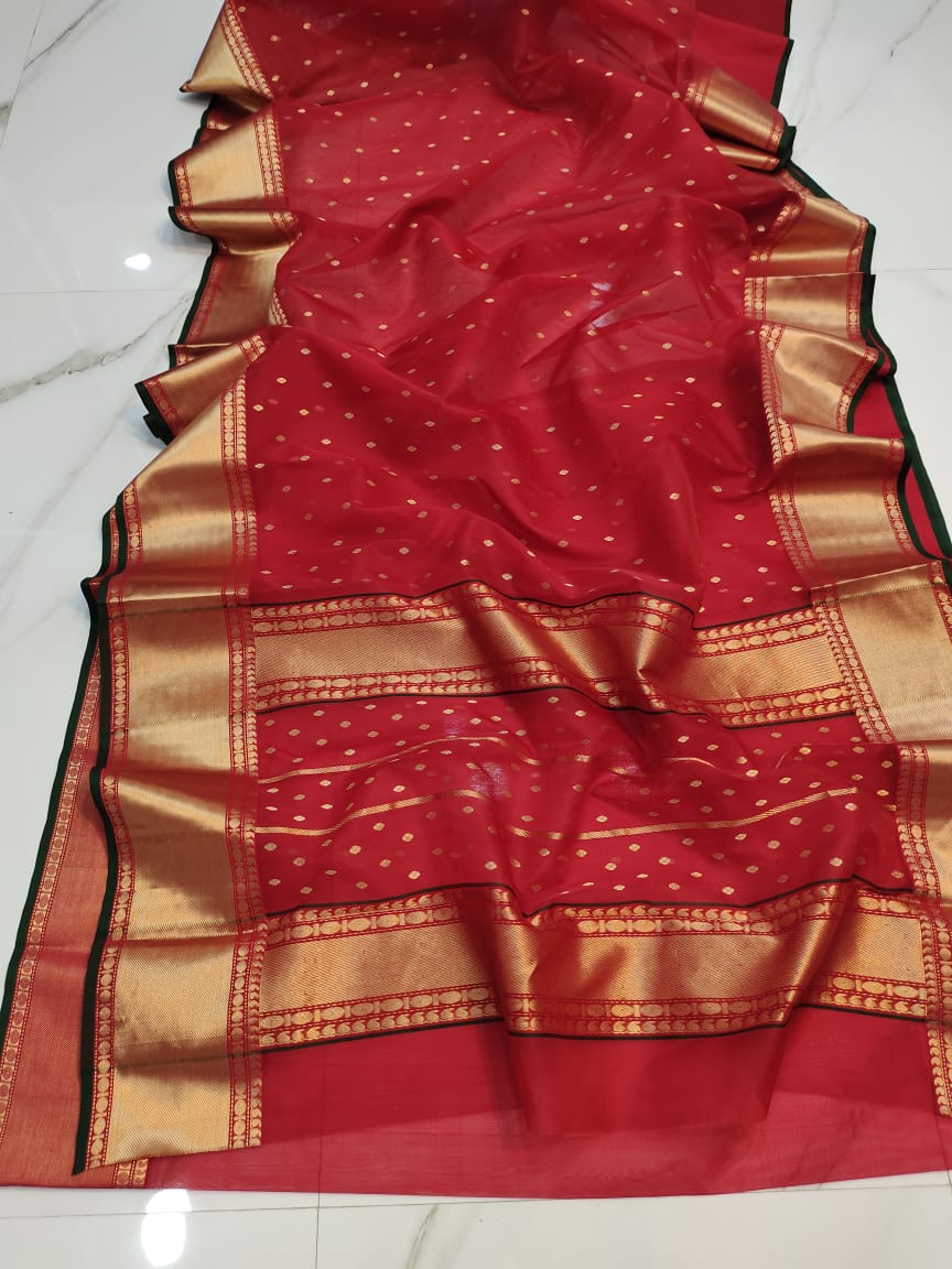 Red Chanderi Handloom Katan Silk Nakshi Saree featuring elegant gold zari bootis and a rich traditional border