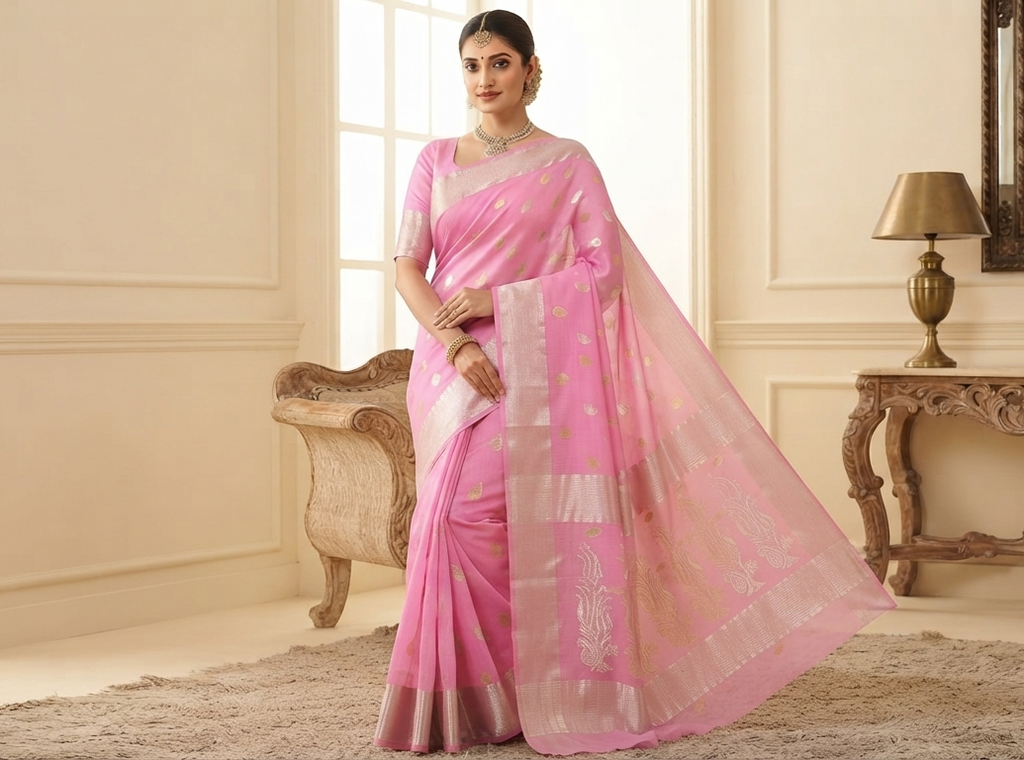A model in a standing position wearing a pink Chanderi handloom katan silk saree featuring silver zari borders and leaf buttas.