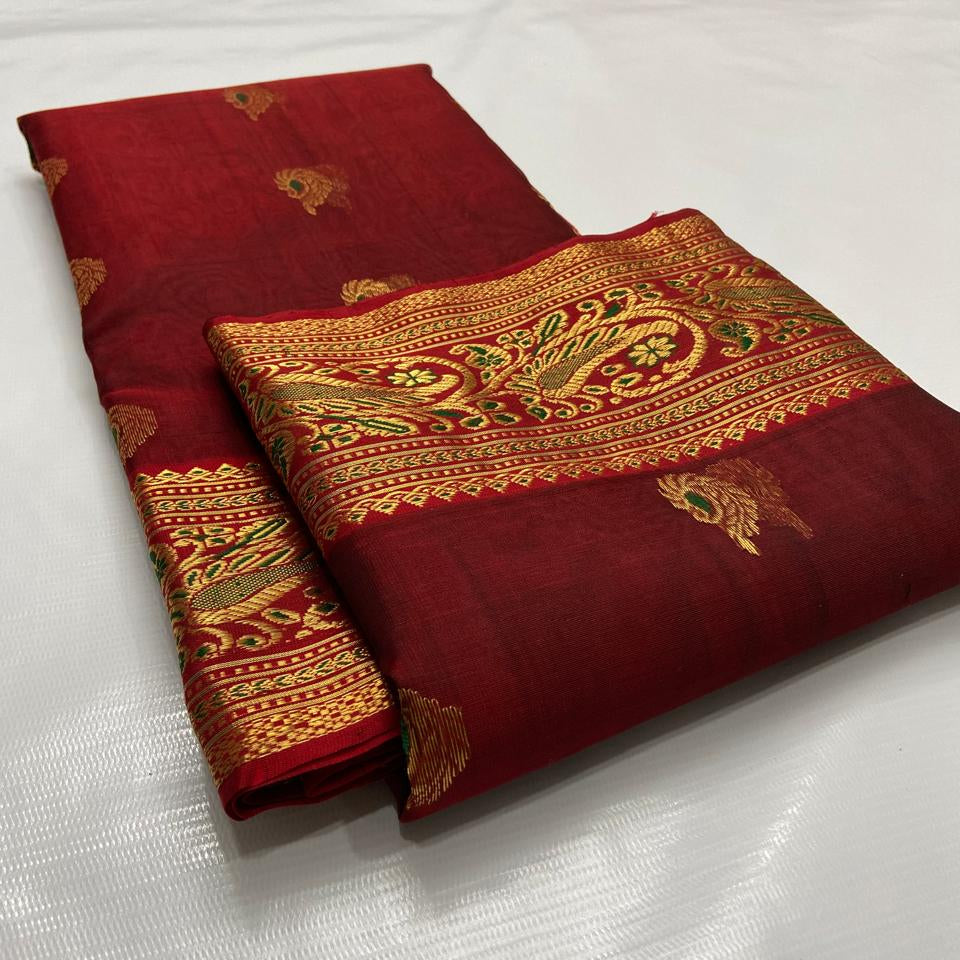 Maroon Chanderi Handloom Katan Silk Nakshi Meenakari Saree featuring intricate gold zari and rich traditional borders