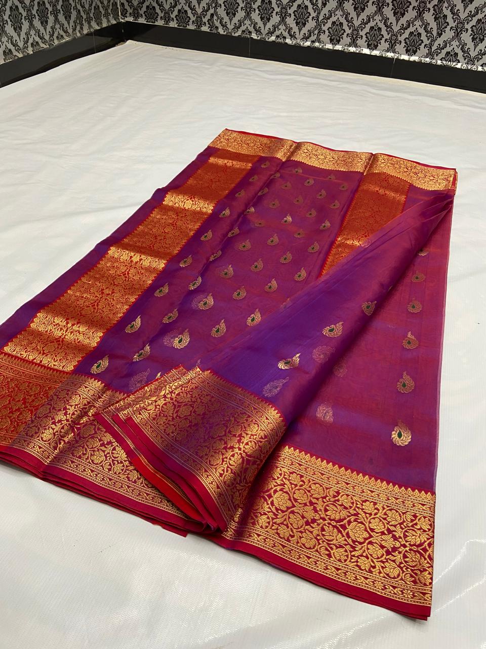 Dual Tone Purple Chanderi Handloom Katan Silk Meenakari Nakshi Saree