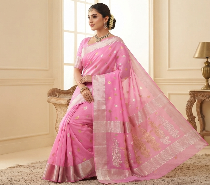 A model in a sitting position wearing a pink Chanderi handloom katan silk saree featuring silver zari borders and leaf buttas.
