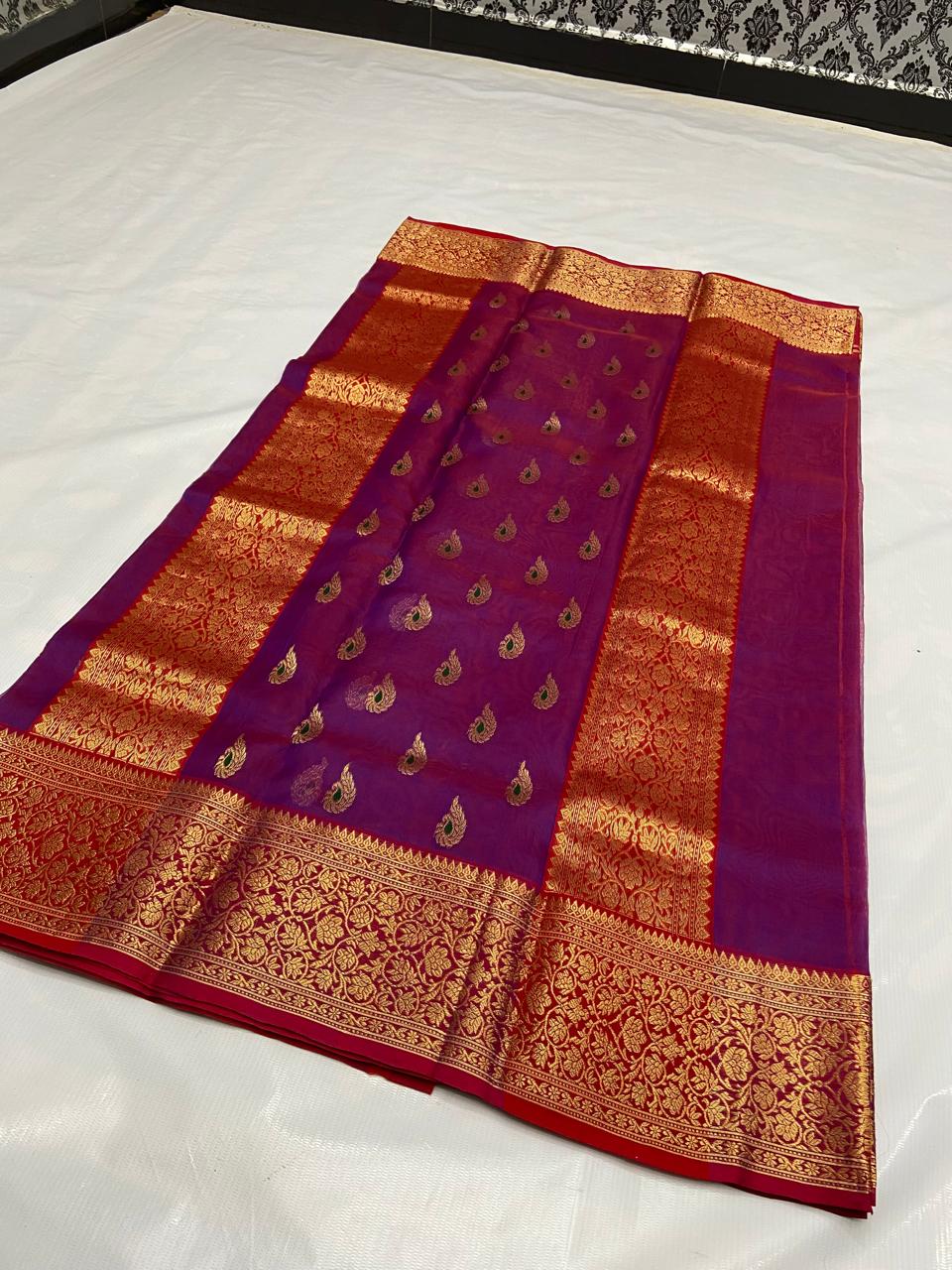 Dual Tone Purple Chanderi Handloom Katan Silk Meenakari Nakshi Saree