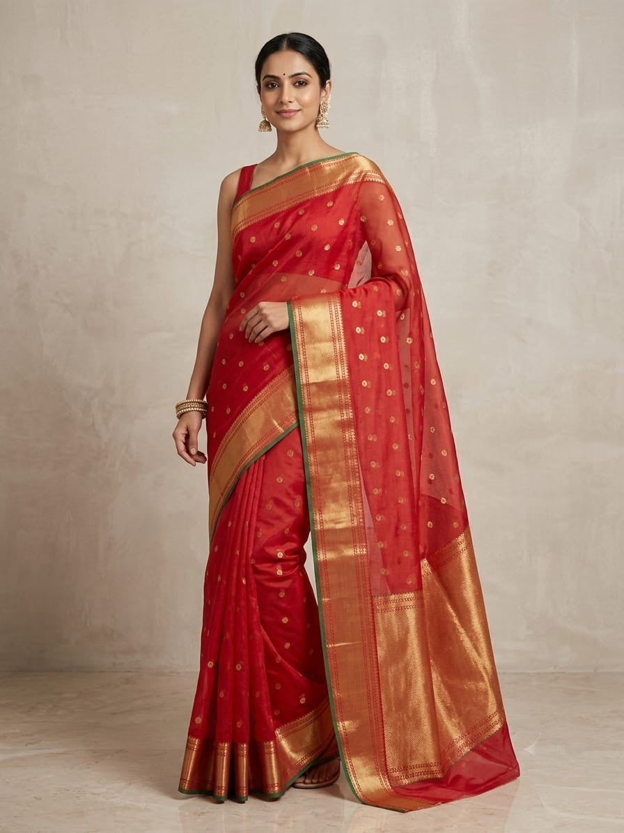 Red Chanderi handloom katan silk saree featuring intricate meenakari and nakshi weaving work.