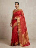 Red Chanderi handloom katan silk saree featuring intricate meenakari and nakshi weaving work.
