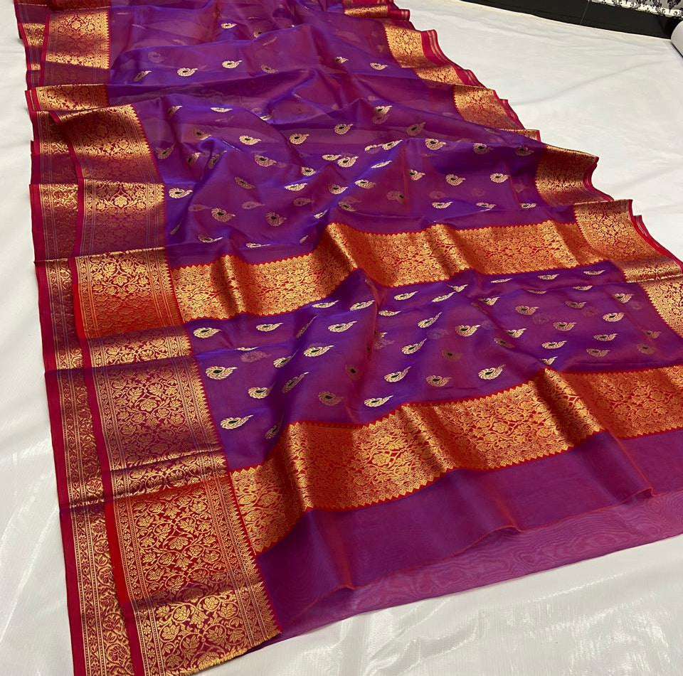 Dual Tone Purple Chanderi Handloom Katan Silk Meenakari Nakshi Saree