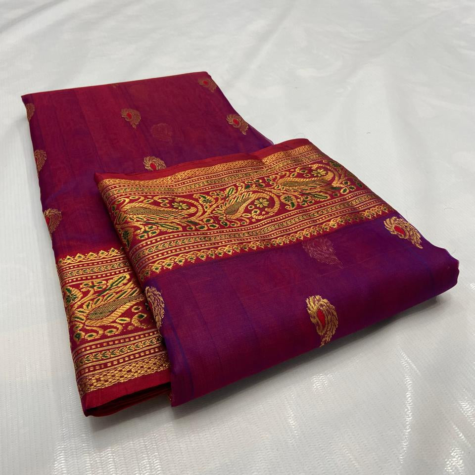 Dual Tone Magenta Chanderi Handloom Katan Silk Nakshi Meenakari Saree featuring intricate gold zari and rich traditional borders