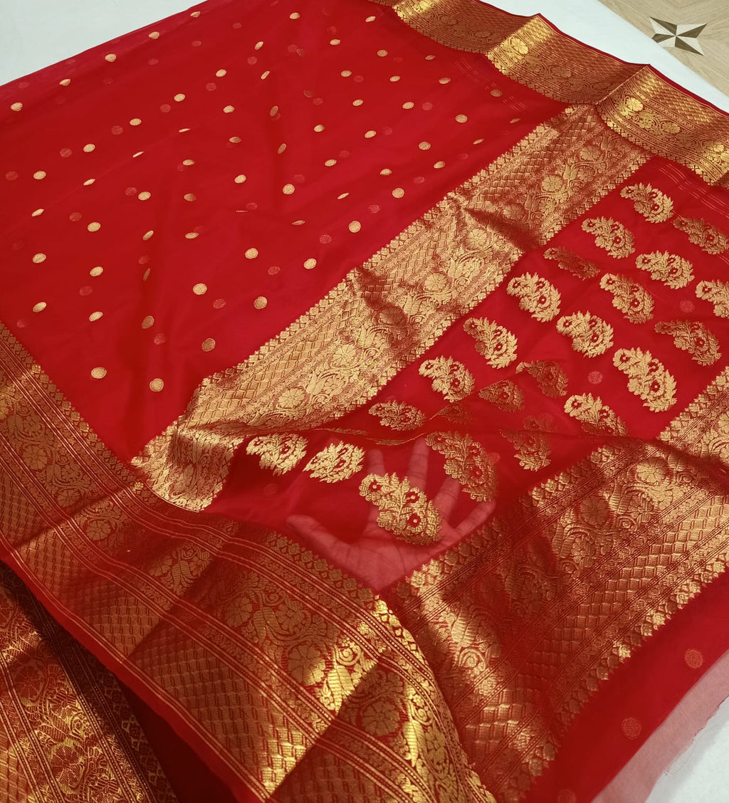 Red Chanderi Handloom Katan Silk Nakshi Saree