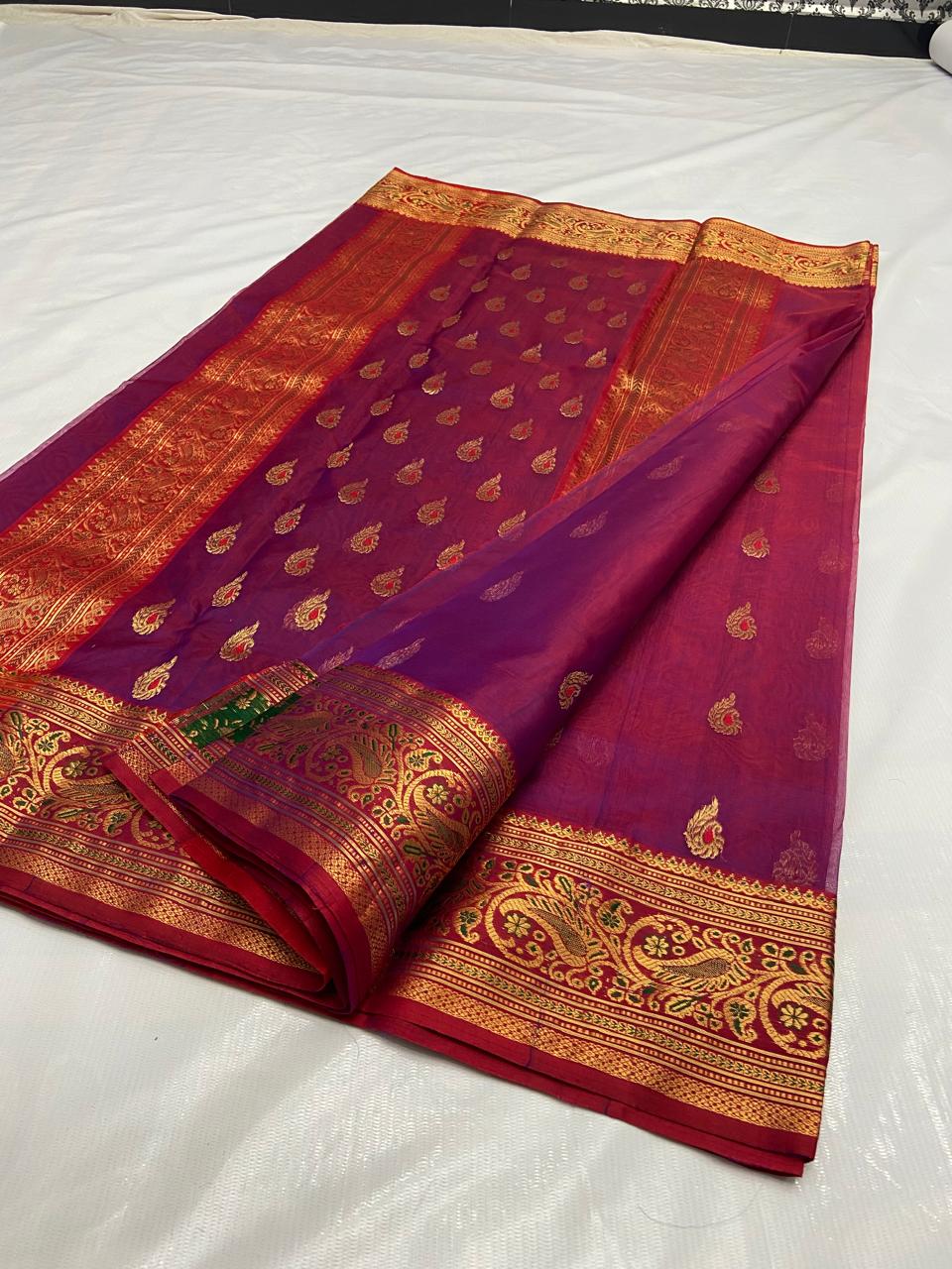 Dual Tone Magenta Chanderi Handloom Katan Silk Nakshi Meenakari Saree featuring intricate gold zari and rich traditional borders