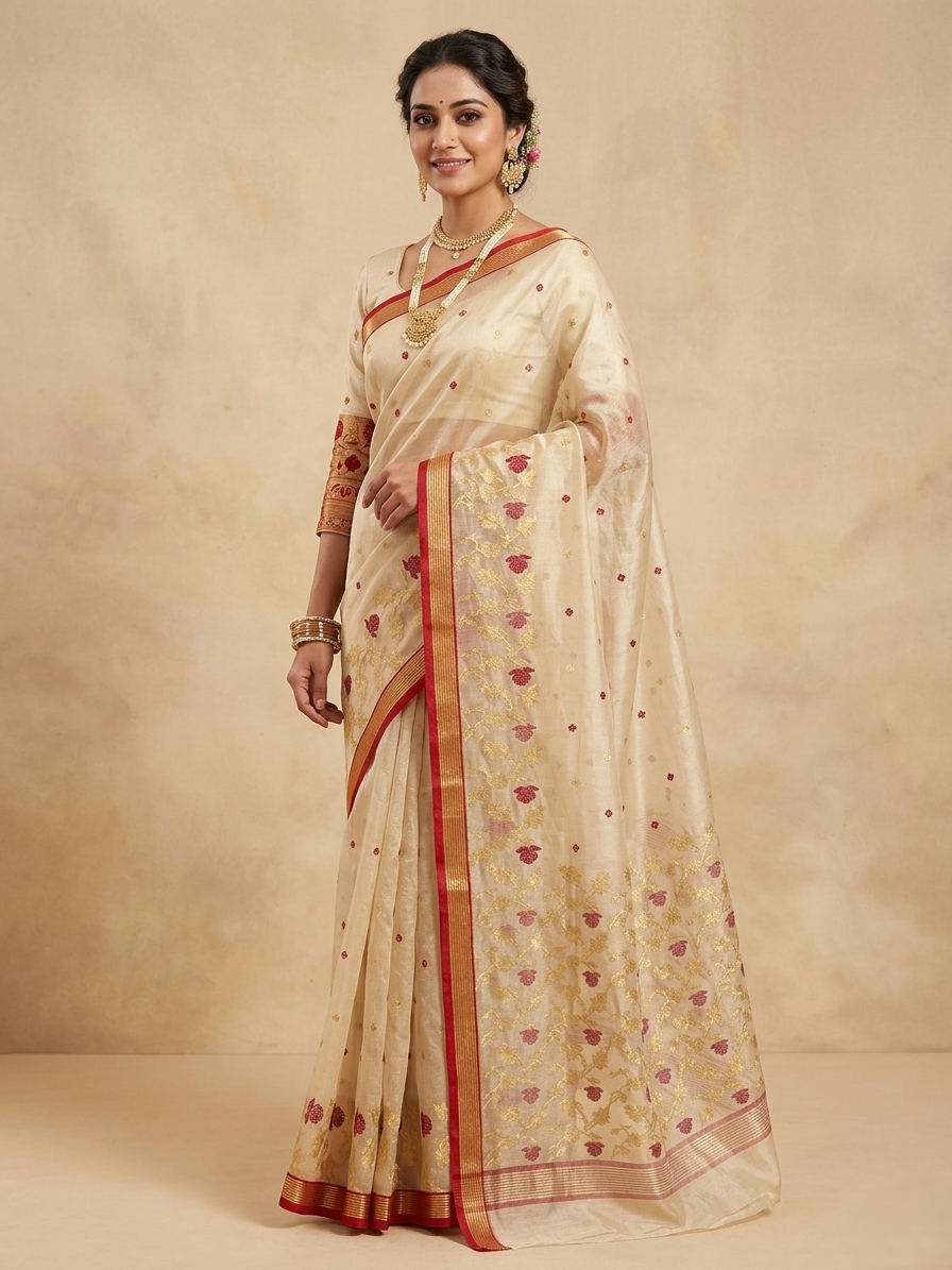 Model wearing an Ivory Chanderi handloom Katan silk saree with intricate red floral meenakari motifs and a gold zari border by Silk Tatva.