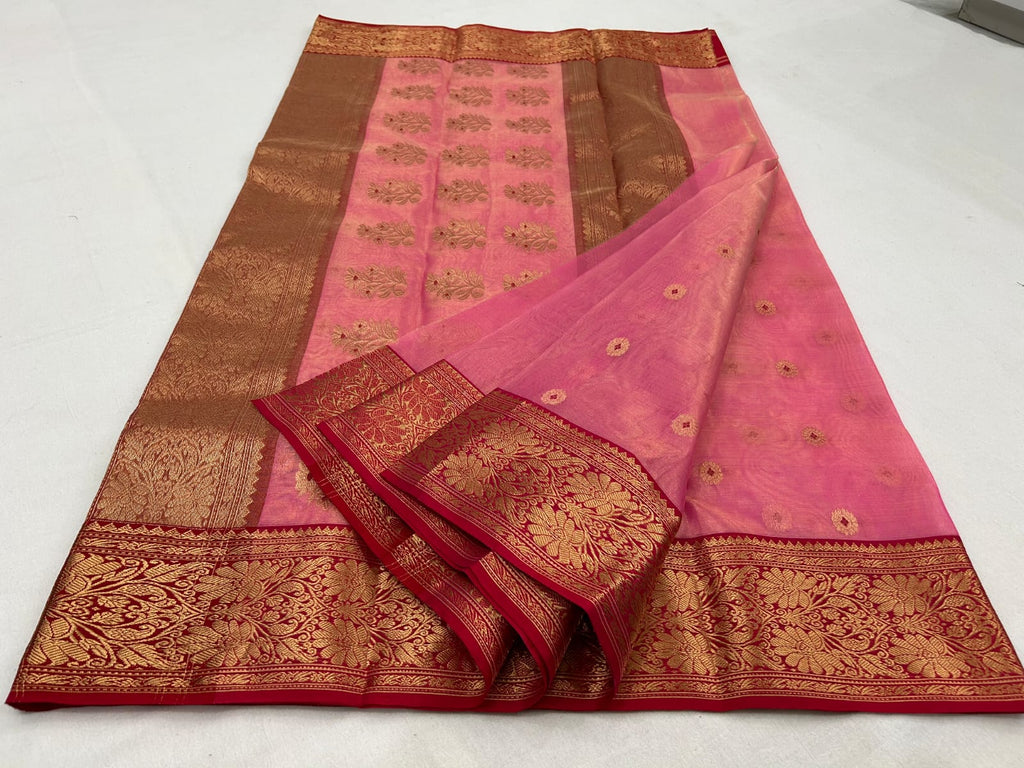 Pink Chanderi Handloom Katan Tissue Silk Meenakari Saree