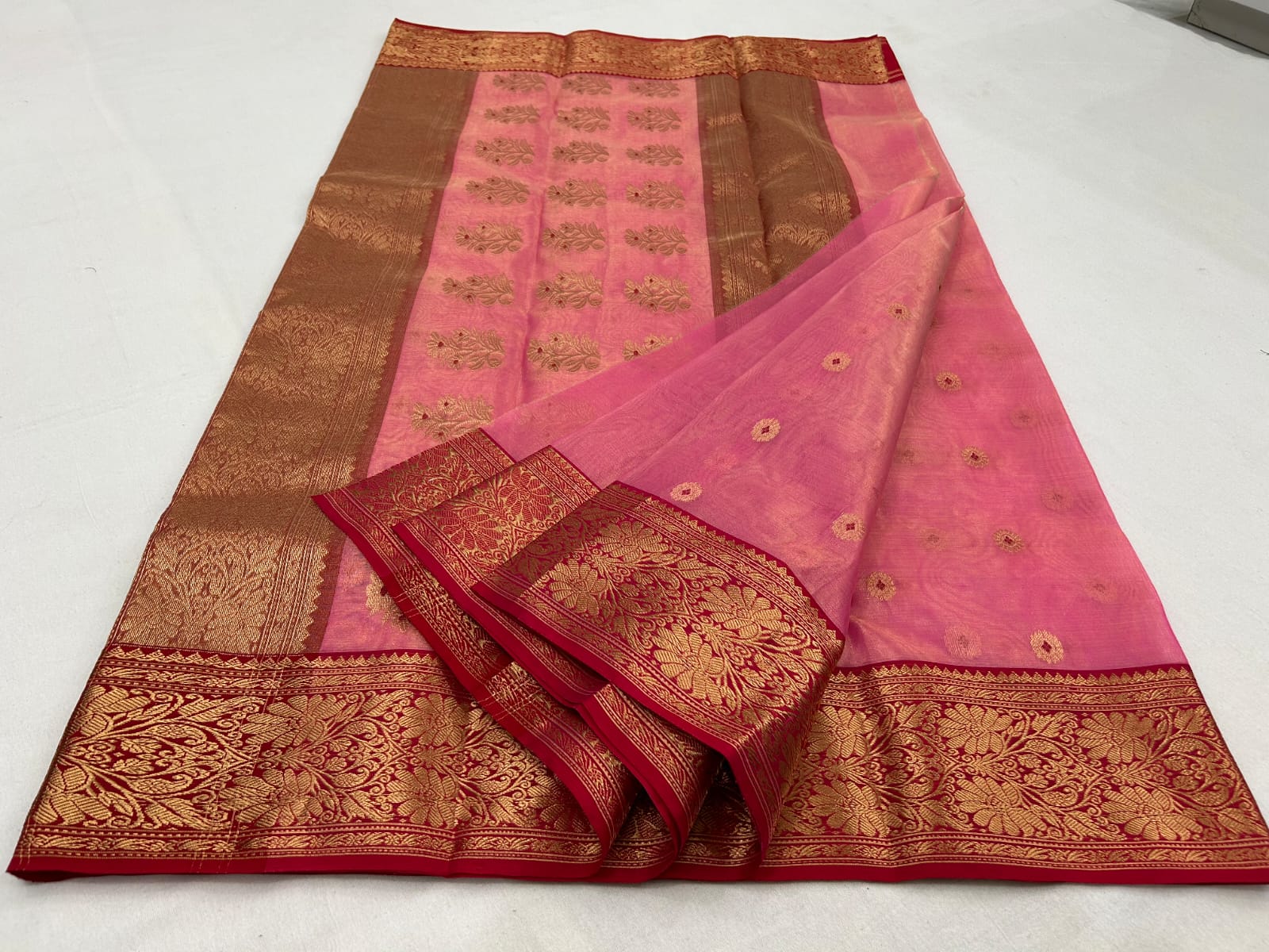 Pink Chanderi Handloom Katan Tissue Silk Meenakari Saree