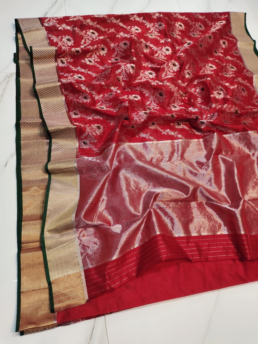 Red Chanderi Handloom Pattu Silk Handwork Saree featuring intricate Meenakari jaal all over